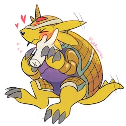Size: 2000x2000 | Tagged: safe, artist:pirruwan, armadillomon, digimon (species), feral, ferals only, solo feral, digimon, sketch, 3 toes, blushing, claw toes, closed eyes, disembodied hand, hearts around head, holding chin, petting, sitting, solo, solo focus, tail, wagging tail