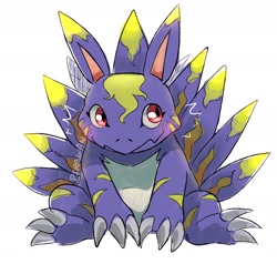 Size: 2100x2000 | Tagged: safe, artist:pirruwan, digimon (species), elecmon, ambiguous gender, cub, cubs only, fat, semi-anthro, solo cub, young, digimon, sketchy, alternate color, arms in front, blushing, front view, full-length portrait, long ears, looking sideways, noticing, open legs, shy, sitting, solo, tail feathers, wavy mouth, wavy smile