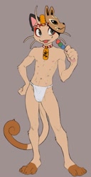 Size: 1027x2000 | Tagged: safe, artist:bedtimebuck, oc:self-care meowth, generation 1 pokemon, meowth, pokemon (species), anthro, slender, twink, pokémon, colored, flat colored, anthrofied, asian clothing, barefoot, blep, clothing, collar, contrapposto, curly tail, dango, fang, front view, full-length portrait, fundoshi, fundoshi only, hand on hip, holding food, japanese clothing, kitsune mask, mask on head, nipples, skimpy outfit, smiling, stomach nipples, tail, teeth, tongue out, topless, underwear only