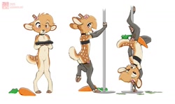 Size: 1600x956 | Tagged: suggestive, artist:zaush, oc:koiyaroid, cervid, deer, mammal, anthro, boy, cub, cubs only, femboy, male, males only, solo cub, solo male, young, blushing, brown body, brown fur, carrot, clothing, crossdressing, dancing, featureless crotch, food, front view, fur, holding pole, hooved fingers, hooves, knock-kneed, looking at you, navel, nervous, plant, pole, pole dancing, raised foot, seductive look, sequence, short tail, solo, stripper pole, tail, topwear, upside down, vegetable
