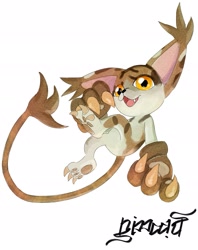 Size: 1521x1920 | Tagged: safe, artist:nimadj, calico, cat, digimon (species), feline, mikemon, ambiguous gender, anthro, semi-anthro, digimon, marker art, traditional, 3 fingers, 3 toes, action pose, claws, falling, fang, featureless crotch, gloves, gloves only, large ears, long tail, open mouth, open smile, smiling, solo, teeth