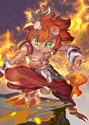 Size: 1600x2245 | Tagged: safe, artist:skink hisshiss, flamemon, humanoid, anthro, boy, male, males only, slender, solo male, young, digimon, 3 toes, action pose, bracers, clothing, crouching, cut horns, featureless chest, fire, flaming tail, front view, full-length portrait, green eyes, hair, looking at you, one arm out, open hand, open mouth, open smile, pauldron, red hair, smiling, solo, step pose, toe claws, topless