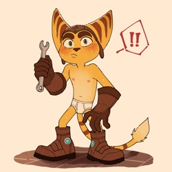 Size: 2000x2000 | Tagged: safe, artist:agitongu, ratchet, fictional species, lombax, anthro, cub, cubs only, male, males only, solo cub, solo male, young, ratchet & clank, aviator cap, blushing, boots, briefs, caught, clothing, front view, full-length portrait, gloves, holding tool, long tail, looking at you, one arm down, shoes, shoes without socks, skimpy outfit, solo, sweating, tail tuft, topless, underwear, wide stance