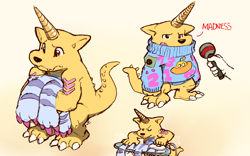 Size: 1084x675 | Tagged: safe, artist:dahecksajerry, digimon (species), gabumon, ambiguous gender, anthro, male, males only, semi-anthro, solo male, digimon, colored, flat colored, sketch page, sketchy, bottomless, chevron markings, closed eyes, clothing, dialogue, disembodied hand, duo, electronics, english text, full-length portrait, fur pelt, holding clothing, horn, humor, interview, ironing, ironing board, microphone, multiple scenes, nudity, oversized clothing, solo, solo focus, standing, sweater, talking, text, topwear, uncertain, yellow body