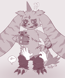 Size: 1160x1400 | Tagged: suggestive, artist:kerilyn, oc:robin the terriermon x, digimon (species), terriermon, terriermon x, ambiguous gender, cub, cubs only, solo cub, young, digimon, monochrome, blushing, confused, disembodied hand, embarrassed, featureless crotch, front view, horn, long ears, looking down, null symbol, one arm down, open fly, pants pull, rebus bubble, solo, speech bubble, weapon arm