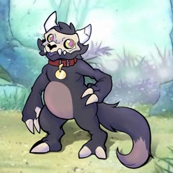 Size: 1080x1080 | Tagged: safe, artist:lilpalmon, king clawthorne, chubby, cub, cubs only, male, males only, solo cub, solo male, young, crossover, digimon, digimon adventure, the owl house, 3 fingers, 3 toes, claw fingers, claw toes, collar, featureless chest, featureless crotch, fluffy tail, front view, full-length portrait, long tail, open mouth, screencap, screencap background, skull head, solo, standing, tilted head, wide hips