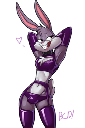 Size: 1000x1500 | Tagged: suggestive, artist:bluecoffeedog, bugs bunny, lagomorph, mammal, rabbit, anthro, femboy, male, slender, looney tunes, arms behind head, armwear, boob window, buckteeth, bulge, chest fluff, chest tuft, cleavage cutout, clothing, collar, contrapposto, fur, garter belt, garter straps, hands behind head, latex, latex armwear, latex clothing, latex legwear, legwear, looking away, midriff, pinup, posing, solo, tuft