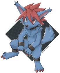 Size: 1057x1277 | Tagged: safe, artist:hiyaudon, cool (smt), canid, mammal, anthro, cub, cubs only, male, males only, solo cub, solo male, young, shin megami tensei, fully shaded, 3 fingers, 3 toes, anthrofied, armband, featureless chest, featureless crotch, high-angle view, legband, nudity, open legs, red clothing, sitting, solo, spiked collar