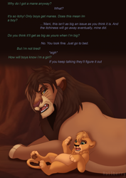 Size: 1615x2281 | Tagged: safe, artist:hailberry, oc only, oc:amani, oc:vanga, big cat, felid, lion, mammal, adult, cub, female, ferals only, male, young, age difference, annoyed, body image, caption, dialogue, duo, english text, featureless crotch, hair over one eye, leaning against partner, leaning back, mane, nervous, on front, open mouth, same species, size difference, talking