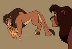 Size: 2307x1597 | Tagged: safe, artist:hailberry, kovu, oc:amani, oc:vanga, big cat, felid, lion, mammal, adult, cub, female, ferals only, male, young, the lion king, colored, flat colored, sketchy, adopted daughter, adoptive father, adoptive father and daughter, age difference, annoyed, biting neck, canon/oc, confused, cross-popping vein, dragging, eyes rolled back, featureless crotch, hearts around head, lifted by nape, lifted by neck, seductive look, size difference, trio, walking, waving at another, wide eyed