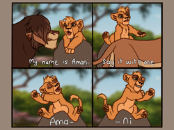 Size: 2217x1662 | Tagged: safe, artist:hailberry, oc only, oc:amani, oc:vanga, big cat, felid, lion, mammal, adult, cub, female, ferals only, male, young, colored, flat colored, sketchy, age difference, annoyed, arms up, closed eyes, dialogue, disney fandom, duo, featureless crotch, front view, open legs, side view, sitting, size difference, walking