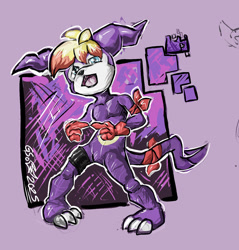 Size: 1484x1553 | Tagged: safe, oc:gs the fox, digimon (species), impmon, anthro, cub, cubs only, male, males only, slender, solo cub, solo male, young, digimon, sketchy, alternate species, bandana around arm, bandana around tail, barefoot, featureless chest, featureless crotch, finger poking, front view, gesture, gloves, gloves only, knock-kneed, looking at you, open mouth, shy, solo, spade tail, wide stance