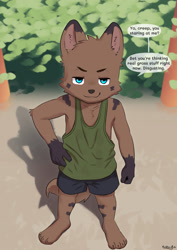 Size: 2508x3541 | Tagged: safe, artist:cubboard, canid, mammal, anthro, cub, cubs only, male, solo cub, solo male, young, 4 toes, barefoot, blue eyes, clothing, dialogue, english text, feet, front view, hand on hip, kemono, looking at you, looking up, looking up at you, one arm down, pedophilia humiliation, playground, smiling, smirk, solo, speech bubble, standing, talking, talking to you, tank top, text, toes