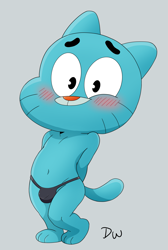 Size: 1677x2500 | Tagged: suggestive, artist:darkwolf79, gumball watterson, cat, felid, mammal, anthro, chibi, cub, cubs only, male, males only, solo cub, solo male, young, the amazing world of gumball, arched back, arms behind back, barefoot, blushing, bulge, clothing, full-length portrait, g-string, looking at you, navel, solo, standing, topless