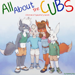 Size: 1500x1500 | Tagged: safe, artist:kammy kay, canid, fox, lagomorph, mammal, mouse, rabbit, rodent, wolf, anthro, cub, cubs only, female, male, young, young only, series:all about the cubs, arm around shoulders, clothing, cover page, crop top, flip flops, fluffy tail, front view, full-length portrait, fully clothed, group, looking at you, midriff, open mouth, open smile, overall shorts, shirt, shoes, shoes without socks, shorts, size difference, smiling, sneakers, sweater, t-shirt