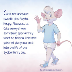 Size: 1500x1500 | Tagged: safe, artist:kammy kay, mammal, mouse, rodent, anthro, cub, cubs only, male, males only, solo cub, solo male, young, young only, series:all about the cubs, buckteeth, caption, clothing, english text, front view, full-length portrait, fully clothed, one arm down, open mouth, open smile, shirt, shoes, shoes without socks, shorts, smiling, smiling at you, sneakers, solo, t-shirt, walking, waving at you