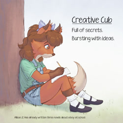 Size: 1500x1500 | Tagged: safe, artist:kammy kay, canid, fox, mammal, anthro, cub, cubs only, female, females only, slender, solo cub, solo female, young, young only, series:all about the cubs, against tree, belt, caption, clothing, concentration, english text, full-length portrait, fully clothed, mary janes, overall shorts, shirt, shorts, side view, sitting, socks, solo, t-shirt, tail between legs, writing