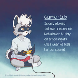 Size: 1500x1500 | Tagged: safe, artist:kammy kay, mammal, procyonid, raccoon, anthro, cub, cubs only, male, males only, slender, solo cub, solo male, young, young only, series:all about the cubs, boxers, caption, clothing, english text, front view, full-length portrait, fully clothed, game controller, gaming, holding game controller, no pants, shirt, sitting indian style, socks without shoes, solo, t-shirt, underwear