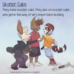 Size: 1500x1500 | Tagged: safe, artist:kammy kay, canid, lagomorph, mammal, procyonid, rabbit, raccoon, wolf, anthro, boy, boys only, cub, cubs only, male, males only, slender, young, young only, series:all about the cubs, arms down, bent knees, buckteeth, bullying, caption, closed eyes, clothing, english text, full-length portrait, fully clothed, gesture, helmet, holding skateboard, laughing, looking at another, looking at each other, mocking, open mouth, open smile, pointing, scared, scooter, shirt, shirt grab, shoes, shoes without socks, shorts, skateboard, smiling, sneakers, t-shirt, trio