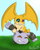 Size: 1286x1600 | Tagged: safe, artist:kerilyn, oc:cheesecake the patamon, oc:sigsegv, digimon (species), pagumon, patamon, cub, cubs only, feral, semi-anthro, waddling head, young, young only, digimon, cel shaded, alternate species, armlock, black eye (injury), clenched teeth, grass, head wings, leather straps, one eye closed, pinned, prehensile ears, size difference, straining, toothy grin, unusual wing placement, wince