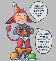 Size: 3680x4000 | Tagged: suggestive, artist:badipoki, imp, mythological creature, anthro, boy, cub, cubs only, male, males only, solo cub, solo male, young, bodypaint, bottomwear, bottomwear down, briefs, bulge, caught, clothing, clothing down, clown, clown makeup, clown shoes, dialogue, ears down, english text, facial paint, freckled face, freckles, front view, full-length portrait, getting dressed, hat, head tuft, headwear, horns, necktie, nudity, pants, pants around ankles, pants down, party hat, shirt lift, solo, spade tail, speech bubble, tail, talking, talking to you, text, tuft, underwear, wide eyed