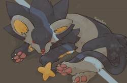 Size: 2048x1344 | Tagged: safe, artist:hiyaudon, generation 4 pokemon, luxray, pokemon (species), ambiguous gender, feral, ferals only, solo feral, pokémon, fully shaded, blep, closed eyes, light beam, on side, sleeping, solo, tongue out, whiskers