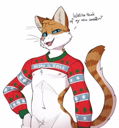 Size: 2604x2790 | Tagged: suggestive, artist:yellowdog, oc:nico (yellowdog), cat, felid, mammal, anthro, athletic, male, males only, slender, solo male, twink, christmas, holiday, blue eyes, bottomless, chest tuft, christmas clothing, clothing, crop sweater, crotch lines, crotch tuft, dialogue, english text, front view, half-length portrait, hand on hip, ineffective clothing, navel, nipples, one arm down, open mouth, smug, solo, sweater, talking, talking to you, text, tilted head, topwear, tuft, whiskers, wide hips