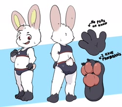 Size: 1664x1456 | Tagged: safe, artist:hoya82, oc:hoya, lagomorph, mammal, rabbit, anthro, boy, boys only, cub, cubs only, male, males only, plantigrade, solo boy, solo cub, solo kid, solo male, young, cel shaded, reference sheet, arm to chest, barefoot, bulge, caption, contrapposto, crossdressing, dripping water, ears up, english text, front view, fur, glove markings, hand on hip, long ears, midriff, one arm down, pawpads, perineum outline, pink ears, rear view, short tail, smiling at you, socks markings, solo, standing, tight clothing, two-piece swimsuit, white fur