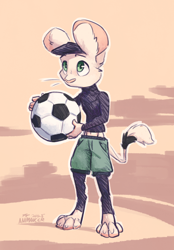 Size: 1250x1800 | Tagged: safe, artist:animancer, oc:luck, jerboa, mammal, rodent, ambiguous gender, anthro, cub, cubs only, slender, solo cub, young, sketch, barefoot, digitigrade, front view, full-length portrait, holding ball, looking up, midriff peek, mouthless, newsboy cap, shorts, soccer ball, solo, standing, tail tuft, tight clothing, whiskers