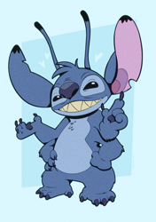 Size: 902x1280 | Tagged: safe, artist:trevor-fox, alien, experiment (species), fictional species, male, lilo and stitch, colored, flat colored, 4 arms, 4 fingers, 4 toes, antennae, beady eyes, black eyes, blue body, blue claws, blue fur, blue nose, blue pawpads, chest tuft, claws, dipstick antennae, featureless chest, featureless crotch, feet, fingers, front view, full-length portrait, fur, gesture, hands on hips, head tuft, heart, hearts around head, looking at you, multi arms, notched ear, one arm out, pawpads, pink ear, pointing, pointing at you, sharp teeth, smiling, smiling at you, smirk, standing, teeth, toe claws, toes, toothy grin, tuft