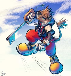 Size: 1870x2000 | Tagged: safe, artist:siggimagenta, sora (lion form), big cat, felid, feline, lion, mammal, anthro, male, males only, solo male, solo teen, teen, teens only, young, kingdom hearts, alternate species, clothing, fighting stance, fingerless gloves, fully clothed, holding weapon, jacket, keyblade, oversized clothing, oversized footwear, smiling, solo, wielding weapon