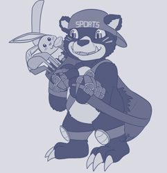 Size: 2890x3000 | Tagged: safe, artist:roguemorpho, oc:oliver the bearmon, bearmon, digimon (species), cub, cubs only, male, males only, solo cub, solo male, young, digimon, colored, flat colored, monochrome, 3 fingers, 3 toes, backwards baseball cap, barefoot, fang, featureless crotch, front view, full-length portrait, golf, golf bag, golf club, knee pads, leather straps, nudity, snaggle tooth, solo, sports, standing, teeth, toe claws
