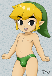 Size: 1718x2500 | Tagged: safe, artist:darkwolf79, link, humanoid, hylian, boy, boys only, chibi, kid, male, males only, solo boy, solo kid, solo male, young, legend of zelda, arms down, bulge, clenched hands, clothing, front view, headwear, looking at you, navel, open mouth, open smile, smiling, solo, standing, topless, underwear only