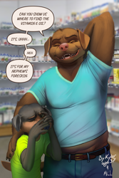 Size: 900x1350 | Tagged: safe, artist:kyler, oc only, oc:kyler, canid, dog, labrador, mammal, anthro, anthros only, boy, chubby, cub, male, males only, slender, young, photo background, age difference, aged up, arm around shoulders, blurred background, bottomwear, closed eyes, clothing, covering face, dialogue, duo, embarrassed, english text, eyes closed, floppy ears, fur, hand behind head, humor, midriff, nephew, one arm up, one eye closed, pants, pharmacy, rubbing head, shirt, size difference, smiling, speech bubble, standing, t-shirt, talking, talking to you, teeth, text, topwear, uncle, uncle and nephew