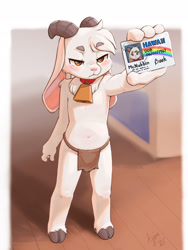 Size: 1440x1920 | Tagged: suggestive, artist:ajin, oc:ramsay hornbrook, bovid, caprine, goat, mammal, ungulate, anthro, boy, boys only, cub, cubs only, male, males only, solo boy, solo cub, solo kid, solo male, young, 2 horns, 4 fingers, amber eyes, barefoot, bell, bell collar, blush lines, blushing, bottomwear, brown clothing, brown loincloth, cheek tuft, clothing, collar, cowbell, eyebrows, facial tuft, fake id, featureless chest, fingers, floppy ears, frown, full-length portrait, fur, glistening, goat horns, grey eyebrows, holding object, hooves, horizontal pupils, horn, id card, loincloth, loincloth only, long ears, lop ears, mouth closed, navel, neck tuft, one arm down, pink inner ear, pink nose, pupils, reaching out, red collar, solo, store, topless, tuft, unimpressed, white body, white fur