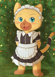 Size: 2255x3180 | Tagged: safe, artist:eraquis, rudy (monster hunter), felid, mammal, palico, anthro, cub, cubs only, male, males only, semi-anthro, solo cub, solo male, young, monster hunter, arms behind back, barefoot, blushing, crossdressing, digitigrade, fang, full-length portrait, long tail, looking at you, open mouth, open smile, smiling, smiling at you, solo, standing, teeth, whiskers