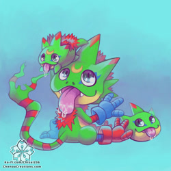 Size: 1000x1000 | Tagged: safe, artist:chisai236, digimon (species), gekkomon, kekkomon, kekomon, anthro, cub, feral, semi-anthro, waddling head, young, digimon, blep, drooling, evolutionary family, fang, gloves, looking back, looking up, rear view, ribbon tail, saliva, shoes without socks, sitting, sitting on head, teeth, tongue out, trio