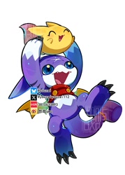 Size: 1428x1999 | Tagged: safe, artist:youzai, digimon (species), gumdramon, viximon, ambiguous gender, cub, feral, semi-anthro, waddling head, young, digimon, digital, 3 fingers, 3 toes, bat wings, closed eyes, crop top, excited, fang, hammer tail, holding above head, lifted, lifting partner, open mouth, open smile, smiling, tail ring, teeth, weapon tail