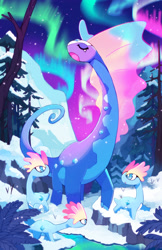 Size: 1988x3072 | Tagged: safe, artist:taplaos, amaura, aurorus, generation 6 pokemon, pokemon (species), ambiguous gender, feral, pokémon, digital, aurora borealis, closed eyes, evolutionary family, forest, frill (anatomy), front view, group, long neck, looking at another, looking at each other, mountain, nature, open mouth, outdoors, size difference, snow, walking