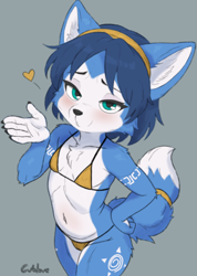 Size: 1142x1600 | Tagged: suggestive, artist:makebelieve1, krystal, canid, fox, mammal, anthro, cub, cubs only, female, females only, girl, girls only, solo cub, solo female, solo girl, young, star fox, colored, digital, 5 fingers, arched back, bikini, blowing kiss, blushing, camel toe, clothing, fingers, flat breasts, fur, gesture, hand on hips, high-angle view, looking at you, looking up, looking up at you, micro bikini, navel, nipple bulge, posing, solo, tail ring, three-quarter portrait, triangle bikini
