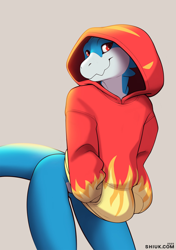 Size: 900x1280 | Tagged: safe, artist:shiuk, digimon (species), flamedramon, anthro, femboy, male, males only, solo male, digimon, arms in front, blue tail, bottomless, clothing, featureless crotch, front view, hand in pocket, hands in both pockets, hood up, hoodie, leaning forward, looking at you, pockets, posing, red clothing, red eyes, red hoodie, scalie, smiling, smiling at you, solo, standing, tail, text, tilted head, topwear, yellow clothing, yellow hoodie