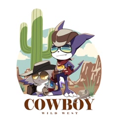 Size: 876x925 | Tagged: safe, artist:op7804620, calumon (tamers), impmon (tamers), calumon, digimon (species), impmon, cub, cubs only, young, young only, digimon, digimon tamers, belt, caption, cowboy hat, duo, english text, featureless chest, featureless crotch, full-length portrait, gloves, hand on hip, holding weapon, holster, neckerchief, one arm down, outdoors, size difference, standing, suitcase, sunglasses, wild west