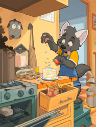 Size: 950x1262 | Tagged: safe, artist:paco, oc:toya pup, canid, mammal, wolf, anthro, boy, boys only, cub, cubs only, male, males only, solo boy, solo cub, solo kid, solo male, young, barefoot, blep, cake, clothing, cooking, counter, detailed background, front view, holding fruit, kitchen, overalls, shirt, solo, sprinkles, standing, step stool, strawberry, t-shirt, tongue out