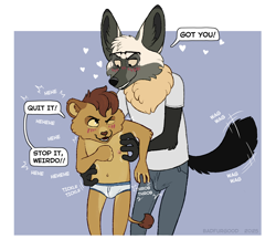 Size: 1670x1510 | Tagged: suggestive, artist:badfurgood, oc only, oc:dexter (clowncontrol), oc:hunter (clowncontrol), bat-eared fox, big cat, canid, felid, fox, lion, mammal, adult, adult/young, anthro, boy, male, male/male, young, age difference, asking to stop, big dom/small sub, big ears, blush lines, blushing, briefs, briefs only, clothing, dialogue, duo, english text, erection, erection under clothing, eyewear, glasses, heart, hearts around head, hunched down, laughing, naughty face, nipples, nudity, one eye closed, penis, sfx, size difference, speech bubble, standing, tail, tail motion, talking, talking to each other, three-quarter portrait, throbbing penis, tickling, topless, underwear, underwear only, wagging tail
