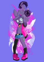 Size: 1413x2000 | Tagged: safe, artist:retrofutureart, oc:noodles the sableye, generation 3 pokemon, pokemon (species), sableye, boy, boys only, cub, cubs only, femboy, male, males only, slender, solo boy, solo cub, solo kid, solo male, young, pokémon, arms up, boots, bracelet, clothing, energy ball, featureless chest, front view, full-length portrait, glasses, knock-kneed, opaque glasses, open clothing, open hand, open shirt, oversized zipper, powering up, shirt, shoes, short shorts, shorts, skimpy outfit, solo, thigh highs, toothy grin, vaporwave