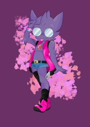 Size: 1413x2000 | Tagged: safe, artist:retrofutureart, oc:noodles the sableye, generation 3 pokemon, pokemon (species), sableye, boy, boys only, cub, cubs only, femboy, kid, male, males only, slender, solo boy, solo cub, solo kid, solo male, young, young only, pokémon, blep, boots, bracelet, clothing, featureless chest, front view, full-length portrait, gesture, glasses, looking at you, one arm down, one arm up, opaque glasses, open clothing, open hand, open shirt, raised index finger, shirt, shoes, short shorts, shorts, skimpy outfit, smiling, smiling at you, solo, thigh highs, tongue out, toothy grin, walking