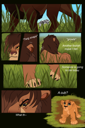 Size: 2400x3600 | Tagged: safe, artist:hailberry, oc only, oc:amani, oc:vanga, big cat, felid, lion, mammal, adult, cub, female, feral, ferals only, male, young, colored, flat colored, adopted daughter, adoptive father, adoptive father and daughter, adoptive parent and child, age difference, annoyed, background character, blurred background, close-up, duo, hair over one eye, hunting, looking back, looking up, mane, noticing, outdoors, savanna, size difference, thoughts, walking, wide eyed