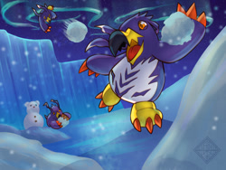 Size: 1000x750 | Tagged: safe, artist:morgannox, digimon (species), penguinmon, ambiguous gender, feral, semi-anthro, digimon, action pose, arctic, aurora borealis, avian legs, claw fingers, claw toes, featureless crotch, jagged mouth, jumping, outdoors, running, smiling, snow, snowball, snowballl fight, snowing, solo focus, throwing, trio, winged arms