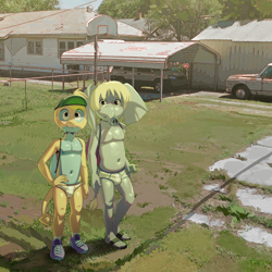 Size: 1280x1280 | Tagged: safe, artist:apis, oc only, oc:caprino bencivenni, oc:colton the elephant, dunsparce, elephant, elephantid, generation 2 pokemon, mammal, pokemon (species), proboscidean, anthro, boy, boys only, chubby, cub, cubs only, male, males only, slender, young, young only, pokémon, photo background, anthrofied, arms down, backsack, backyard, balls, briefs, bulge, casual nudity, clothing, drill tail, duo, flip flops, front view, full-length portrait, hand on hip, looking at you, nudity, one arm down, outdoors, shoes, sneakers, socks, standing, topless, trunk, uncertain, underwear, visor cap, weapon tail