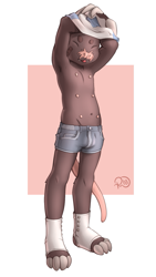 Size: 679x1200 | Tagged: safe, artist:avogadro toast, oc:avogadro, eulipotyphlan, mammal, mole, star-nosed mole, anthro, boy, cub, cubs only, male, males only, plantigrade, slender, solo cub, solo male, young, 4 toes, 6 nipples, armpit, arms up, bandage, bandage on face, blep, blue clothing, blue shorts, bottomwear, brown body, brown eyebrows, brown fur, bulge, circle eyebrows, claw fingers, claw toes, closed eyes, clothing, eyebrows, eyes closed, fang, feet, footwear, front view, full-length portrait, fur, grey toes, long tail, looking at you, low-riding, navel, nipples, pink nipples, pink nose, pink tail, pink tongue, shirt, shoe spats, short shorts, shorts, socks, solo, spats, standing, stomach nipples, tail, teeth, toes, tongue, tongue out, topless, topwear, undressing, white clothing, white shirt, white socks